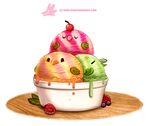  bird blueberry cherry closed_eyes commentary creature cryptid_creations cup dripping food food_on_head fruit fruit_on_head ice_cream leaf_wings melting no_humans object_on_head original raspberry sherbet simple_background sleeping toon watermark web_address white_background 