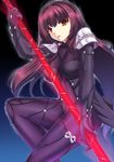  bodysuit breasts fate/grand_order fate_(series) highres large_breasts long_hair open_mouth pantyhose purple_bodysuit scathach_(fate)_(all) scathach_(fate/grand_order) see-through sheita stick 