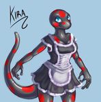  2014 amphibian anthro bald black_skin breasts clothed clothing female maid_uniform mail-order-superhero newt simple_background solo spots uniform 