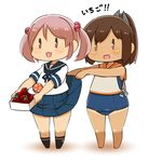  brown_hair capriccyo chibi food fruit i-401_(kantai_collection) kantai_collection multiple_girls one-piece_swimsuit ponytail sazanami_(kantai_collection) school_swimsuit school_uniform skirt skirt_lift smile strawberry swimsuit swimsuit_under_clothes twintails 