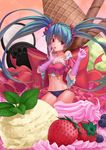  :o aqua_hair bare_shoulders blueberry brown_eyes crop_top elbow_gloves food fruit gloves hatsune_miku highres ice_cream ice_cream_cone icing in_food long_hair midriff mint navel oreo oversized_object pink_gloves scrunchie signature solo strawberry twintails vera_(vera_alexs) very_long_hair vocaloid 
