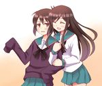  a_channel arm_grab blush brown_hair ichii_tooru long_hair looking_at_another ma_tsukasa multiple_girls nishi_yuuko open_mouth red_eyes school_uniform short_hair simple_background skirt sleeves_past_fingers sleeves_past_wrists smile white_background yuri 
