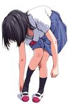  adjusting_clothes adjusting_shoe bent_over black_hair breasts downblouse full_body highres kneehighs matsunaga_kouyou medium_breasts nipple_slip nipples original school_uniform shoes short_hair skirt solo standing uwabaki 