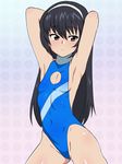  arms_behind_head black_hair brown_eyes casual_one-piece_swimsuit cleavage_cutout flat_chest girls_und_panzer hairband highleg highleg_swimsuit highres kagemusha one-piece_swimsuit reizei_mako solo standing swimsuit 