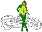  big_breasts blue_eyes breasts brown_hair clothed clothing female hair huge_breasts lizard motorcycle reptile samantha_brooks sarcolopter scalie simple_background solo standing topless 