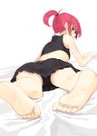  ariaria_(netsuki) ass barefoot bed_sheet crop_top feet foreshortening highres looking_at_viewer looking_back lying miruto_netsuki on_stomach original pleated_skirt ponytail red_eyes red_hair short_hair short_ponytail shorts shorts_under_skirt skirt soles solo toes upskirt 
