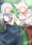  bad_id bad_pixiv_id blue_dress blush closed_eyes dress fujiwara_no_mokou grass hat hat_removed headwear_removed holding_hands kamishirasawa_keine long_hair lying multiple_girls neckerchief on_back on_side shiromoru_(yozakura_rety) silver_hair sleeping smile touhou very_long_hair yuri 