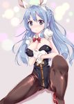  animal_ears bad_anatomy blue_hair blush bow bowtie breasts brown_legwear bunny_ears bunny_girl bunnysuit closed_mouth detached_collar detached_sleeves fukuda_shuushi fur_trim granblue_fantasy hands_on_own_chest highres knee_up large_breasts leotard looking_at_viewer pantyhose puffy_short_sleeves puffy_sleeves red_bow red_neckwear short_sleeves sitting smile solo spread_legs therese_(granblue_fantasy) 