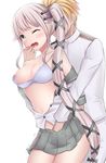  1girl admiral_(kantai_collection) bangs blonde_hair blush bra bra_slip breasts commentary_request epaulettes faceless faceless_male finger_in_another's_mouth green_eyes groping hair_ornament hand_under_clothes hand_under_skirt highres kantai_collection medium_breasts military military_uniform neit_ni_sei nipples one_eye_closed open_clothes open_mouth open_shirt pink_hair pleated_skirt saliva shirt side_ponytail skirt sweat tears trembling underwear uniform yura_(kantai_collection) 