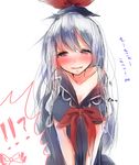  bad_id bad_pixiv_id blue_dress blush breasts cleavage collarbone dress hat kamishirasawa_keine large_breasts long_hair neckerchief off_shoulder red_eyes shiromoru_(yozakura_rety) silver_hair solo touhou v_arms very_long_hair 