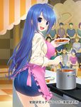  :d apron black_skirt blue_eyes blue_hair blue_skirt carrot cooking cooking_show denim denim_skirt faceless faceless_female faceless_male food from_side grey_skirt highres kakusei_kenkyuu_idol_lab ladle long_hair open_mouth pot skirt smile solo_focus soup wacchi 