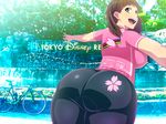  ass bicycle bike_shorts breasts brown_hair ground_vehicle huge_ass large_breasts long_hair looking_at_viewer original smile solo tetrodotoxin thick_thighs thighs 