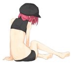  ariaria_(netsuki) back bare_legs bare_shoulders barefoot cabbie_hat crop_top feet from_behind full_body hat highres midriff miruto_netsuki original red_hair short_shorts shorts simple_background sitting soles solo white_background yokozuwari 