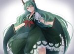  bad_id bad_pixiv_id dress ex-keine green_dress green_hair horns kamishirasawa_keine long_hair looking_at_viewer neckerchief puffy_short_sleeves puffy_sleeves red_eyes scroll shiromoru_(yozakura_rety) shirt short_sleeves silver_hair solo touhou very_long_hair 