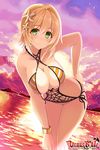  backlighting blonde_hair bracelet breasts cleavage dutch_angle earrings green_eyes highres hisenkaede jewelry large_breasts leaning_forward official_art one-piece_swimsuit short_hair solo swimsuit venus_blade 