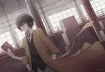  angel31424 bandaged_arm bandages black_vest book box brooch brown_hair brown_jacket bungou_stray_dogs closed_mouth collared_shirt container dazai_osamu_(bungou_stray_dogs) dress_shirt dust dutch_angle gem hand_in_pocket holding holding_book indoors jacket jewelry long_sleeves looking_at_viewer male_focus open_book open_clothes open_jacket pants pillar railing sapphire_(stone) shirt smile solo vest white_pants white_shirt window 