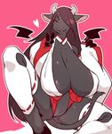  &lt;3 anthro big_breasts bovine breasts cattle clothing female floating_wings fur hair hair_over_eye hooves horn huge_breasts hybrid ineffective_clothing long_hair mammal pink_background pussy sagging_breasts sebone shrine_maiden simple_background sitting solo succubus wings 