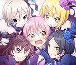  ;3 black_eyes black_hair blonde_hair blue_eyes brown_hair elbow_gloves fang feathers finger_to_another's_chin finger_to_mouth flower girl_sandwich gloves hair_feathers hair_flower hair_ornament hair_ribbon hand_on_another's_chest hand_on_own_cheek hayami_kanade ichinose_shiki idolmaster idolmaster_cinderella_girls jougasaki_mika lipps_(idolmaster) long_hair miyamoto_frederica multiple_girls one_eye_closed osaji0909 parted_lips pink_hair ribbon sandwiched shiomi_shuuko short_hair tulip_(idolmaster) wavy_mouth yellow_eyes yuri 