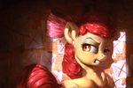  2016 amber_eyes angry apple_bloom_(mlp) assasinmonkey cutie_mark earth_pony equine female feral friendship_is_magic fur hair hair_bow hair_ribbon hi_res horse inside looking_at_viewer looking_back mammal my_little_pony paper pony red_hair ribbons solo yellow_fur 