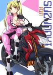  bakuon!! bell biker_clothes bikesuit blonde_hair blush bodysuit breasts character_name cleavage full_body ground_vehicle hair_bell hair_ornament hand_on_own_chest highres large_breasts long_hair looking_at_viewer motor_vehicle motorcycle orange_eyes pink_bodysuit sheita smile solo suzuki_(company) suzunoki_rin twintails 