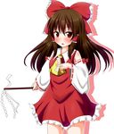  blush bow brown_hair detached_sleeves gohei hair_bow hair_tubes hakurei_reimu haraegushi highres oonusa open_mouth red_eyes solo touhou yakumo_nanahara 