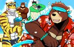  2016 abs anthro bear bearlovestiger13 biceps blue_eyes blush brown_fur chest_tuft clothed clothing dragon duo eyes_closed feline fundoshi fur hose japanese_clothing juuichi_mikazuki kenji_mikazuki love male male/male mammal morenatsu muscular nipples outside pecs pink_nose shorts summer sweat swimsuit tatsuki_(morenatsu) tiger topless torahiko_(morenatsu) tuft underwear water_gun white_fur 