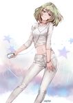  blue_eyes bracelet breasts crop_top digital_media_player green_eyes green_hair heterochromia idolmaster idolmaster_cinderella_girls jewelry looking_at_viewer meto31 midriff mole mole_under_eye navel necklace pants short_hair small_breasts smile solo star takagaki_kaede 