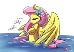 2016 english_text equine eyes_closed feathered_wings feathers female feral flower fluttershy_(mlp) friendship_is_magic fur hair light262 mammal my_little_pony pegasus pink_hair plant simple_background solo text water white_background wings yellow_feathers yellow_fur 