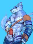  abs anthro balls blue_background canine clothed clothing colored cum digimon erection iceman1984 looking_at_viewer male mammal masturbation muscular orgasm pants_down partially_clothed pecs penile_masturbation penis simple_background solo were weregarurumon werewolf wolf 