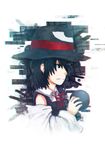  androgynous big_hat black_hair bow detached_sleeves enraku_tsubakura grey_eyes hat len'en red_ribbon ribbon short_hair solo sphere top_hat upper_body yamanoskk 