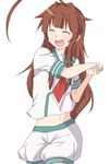  ^_^ ^o^ ahoge baker_at_bat brown_hair closed_eyes commentary_request eyebrows eyebrows_visible_through_hair highres huge_ahoge kantai_collection kuma_(kantai_collection) long_hair navel neckerchief new_horizon open_mouth parody school_uniform serafuku shiguro simple_background smile solo white_background 