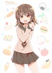  :d akata_itsuki apple baumkuchen brown_eyes brown_hair cake carrot cowboy_shot dango drooling food fruit hamburger highres ice_cream ice_cream_cone noodles odagiri_futaba onigiri open_mouth ramen rice sansha_san'you sausage school_uniform serafuku short_hair sketch skirt slice_of_cake smile solo strawberry strawberry_shortcake takoyaki wagashi 