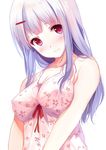  bangs blush breasts caidychen cleavage floral_print hair_ornament hairpin large_breasts long_hair looking_at_viewer original red_eyes ribbon simple_background solo tank_top upper_body white_background white_hair 