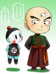  arms_behind_back bald black_eyes blush_stickers chaozu chibi chinese_clothes dragon_ball floating gradient gradient_background green_background hat male_focus multiple_boys nn_(kingdamu22) size_difference smile tenshinhan third_eye white_skin 