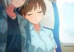  anastasia_(idolmaster) blurry brown_hair closed_eyes dacchi depth_of_field highres idolmaster idolmaster_cinderella_girls jewelry long_hair multiple_girls necklace nitta_minami out_of_frame parted_lips short_hair side-by-side silver_hair sleeping sleeping_upright sleeveless smile 