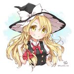  blonde_hair bow braid clown_222 colored_eyelashes grin hair_tucking hat hat_bow kirisame_marisa long_hair looking_at_viewer playing_with_own_hair side_braid smile solo teeth touhou white_bow witch_hat yellow_eyes 
