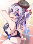  ass blue_eyes competition_swimsuit dated from_above from_behind hat kantai_collection kashima_(kantai_collection) long_hair miuku_(marine_sapphire) one-piece_swimsuit silver_hair solo swimsuit twintails 