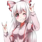  bad_id bad_pixiv_id bow fujiwara_no_mokou grin hair_bow juliet_sleeves long_hair long_sleeves nico_nico_nii one_eye_closed pose puffy_sleeves red_eyes shiromoru_(yozakura_rety) shirt silver_hair smile solo suspenders touhou upper_body very_long_hair 