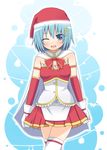  blue_eyes blue_hair cape copyright_request musical_note santa_outfit thighhighs 