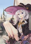  azuuru bare_legs blue_eyes blush broom building castle cloak cloud commentary_request cover cover_page day elaina_(majo_no_tabitabi) fantasy hat highres long_hair looking_at_viewer majo_no_tabitabi messy_hair novel_cover official_art open_mouth outdoors pointy_shoes shirt shoes silver_hair sitting skirt sky smile solo tower white_shirt witch witch_hat 
