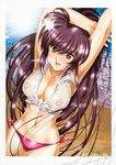  beach bikini blush breasts brown_eyes covered_nipples front-tie_top highres large_breasts long_hair midriff nipples non-web_source open_mouth original outdoors purple_hair see-through side-tie_bikini smile solo swimsuit urushihara_satoshi water 