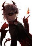  backlighting brown_hair choker demon_boy emalf fire glasses haiiro_teien horn_piercing horns jacket leather leather_jacket male_focus piercing sharp_teeth smile solo sunglasses teeth tki 