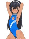  armpits arms_behind_head black_hair blush breasts brown_eyes casual_one-piece_swimsuit cleavage_cutout dark_skin flat_chest girls_und_panzer groin hairband highleg highleg_swimsuit highres kagemusha navel one-piece_swimsuit reizei_mako sideboob solo standing sweat swimsuit tan 