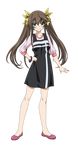  black_dress black_legwear bracelet brown_hair female flats full_body green_eyes green_skirt hair_ribbon hand_on_hip highres huang_lingyin infinite_stratos long_hair pink_shirt pink_shoes ribbon solo standing transparent_background twintails 