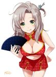  2016 :p ahoge alternate_costume bare_shoulders breasts china_dress chinese_clothes dated dress fan folding_fan green_eyes grey_hair hair_ornament highres holding holding_fan kadzuki_kan kantai_collection kinugasa_(kantai_collection) large_breasts long_hair looking_at_viewer navel remodel_(kantai_collection) ribbon side_ponytail signature simple_background sleeveless smile solo thighs tongue tongue_out white_background 