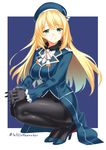  atago_(kantai_collection) beret black_gloves black_legwear blonde_hair blue_background blue_eyes blue_footwear blue_hat border bow bowtie breasts buttons eyebrows eyebrows_visible_through_hair frilled_sleeves frills full_body fur_collar fur_trim gloves hat high_heels kantai_collection large_breasts long_hair long_sleeves military military_uniform outside_border own_hands_together pantyhose shoes simple_background solo squatting tel thighband_pantyhose uniform white_border white_bow white_neckwear 