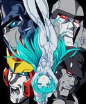  4boys :o ahoge android aqua_eyes aqua_hair arms_up autobot black_background breasts clenched_teeth decepticon grin hot_rod humanoid_robot kamizono_(spookyhouse) long_hair looking_at_viewer looking_to_the_side mecha megatron multiple_boys no_humans no_mouth open_mouth optimus_prime pale_skin red_eyes robot sara_(transformers) simple_background small_breasts smile starscream teeth thigh_gap transformers transformers_cloud upside-down very_long_hair 
