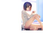  backlighting bare_legs barefoot black_eyes black_hair bottle bottomless dress_shirt feet food haagen-dazs ice_cream ice_cream_spoon indoors kara_no_kyoukai knee_up looking_at_viewer mouth_hold naked_shirt official_art ryougi_shiki shirt short_hair sitting soles solo spoon spoon_in_mouth takeuchi_takashi toes window 