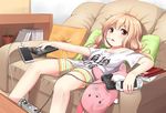  arm_rest blonde_hair book_stack candy cellphone clothes_writing commentary controller couch electric_socket food futaba_anzu handheld_game_console idolmaster idolmaster_cinderella_girls indoors lollipop long_hair looking_at_viewer phone pillow plant playstation_vita pot potted_plant power_strip red_eyes remote_control shirt short_sleeves shorts sitting smartphone solo striped stuffed_animal stuffed_toy superpig twintails white_shirt you_work_you_lose 