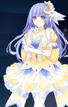  1girl blue_eyes blue_hair breasts cleavage crescent crescent_hair_ornament date_a_live dress gloves hair_ornament izayoi_miku layered_dress long_hair pantyhose puffy_short_sleeves puffy_sleeves short_sleeves skirt smile standing white_gloves yellow_dress 